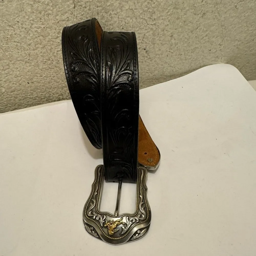 Tony Lama Black Leather Belt with Silver Buckle